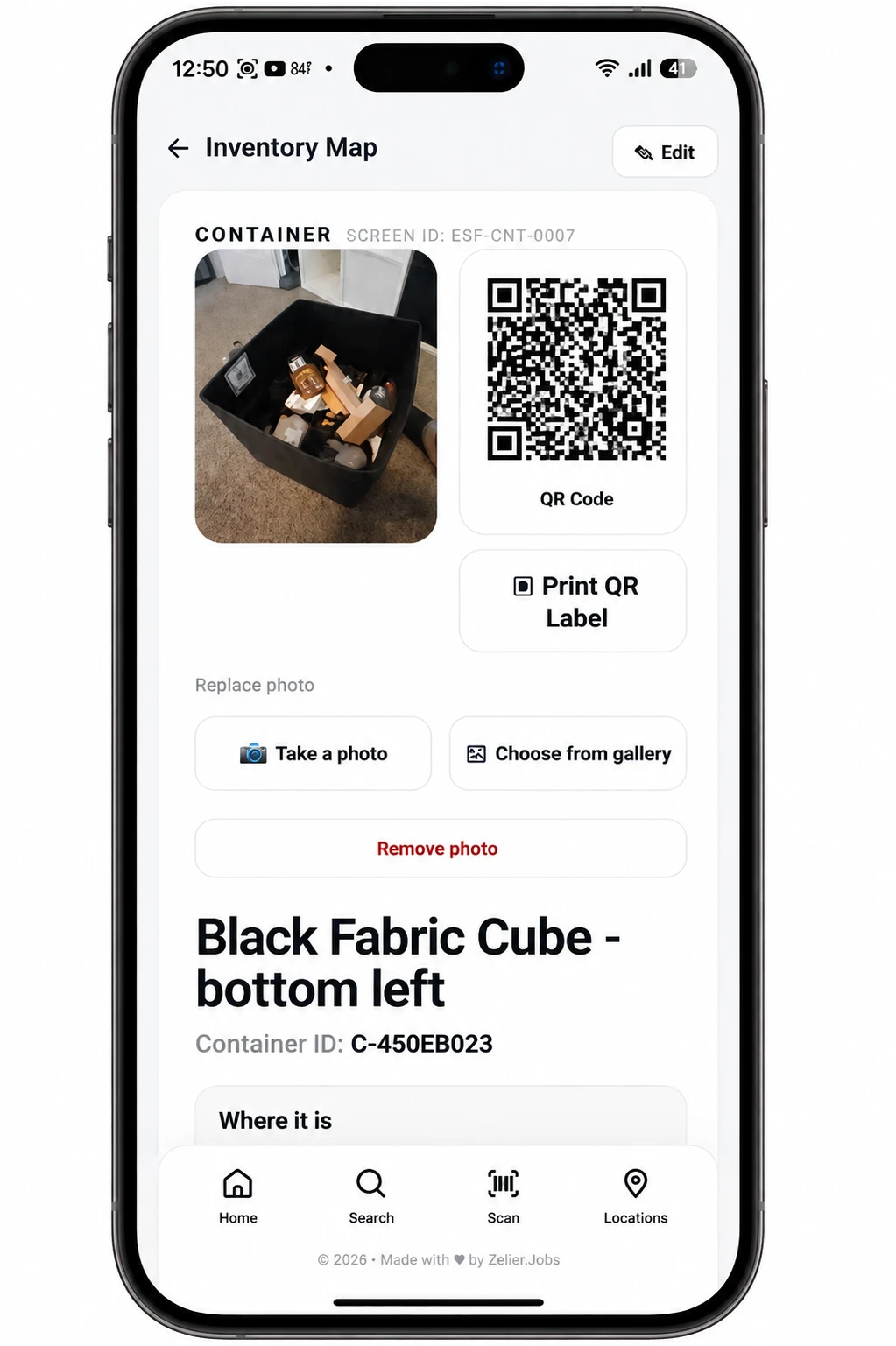 Easy Stuff Finder Container screen with QR code