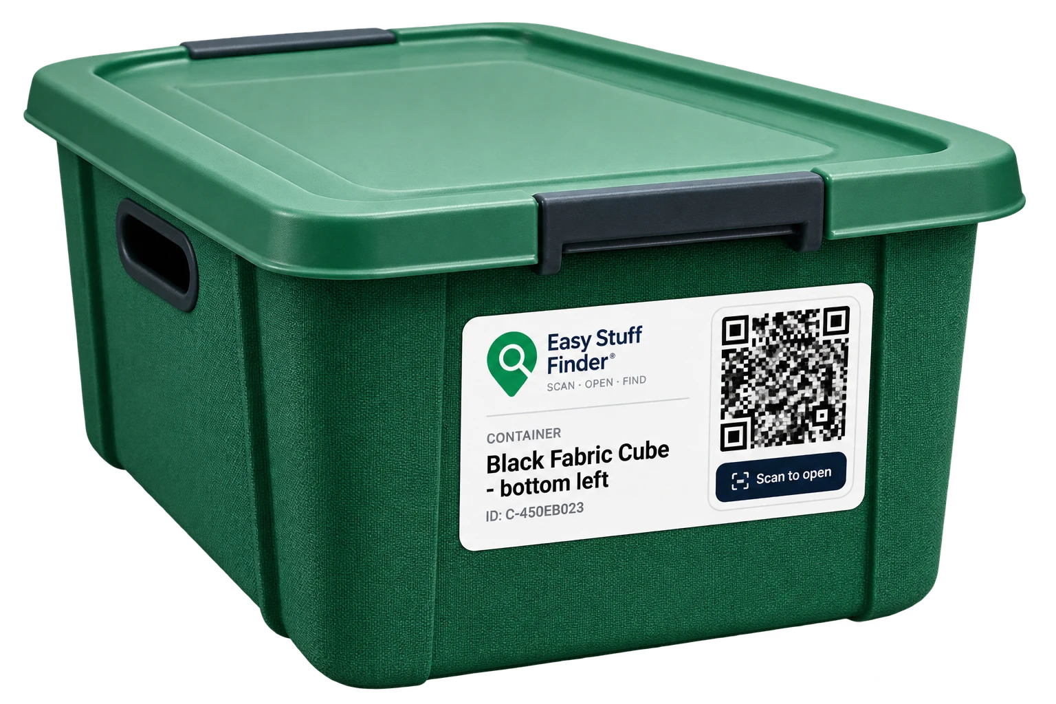 Container with Easy Stuff Finder QR label