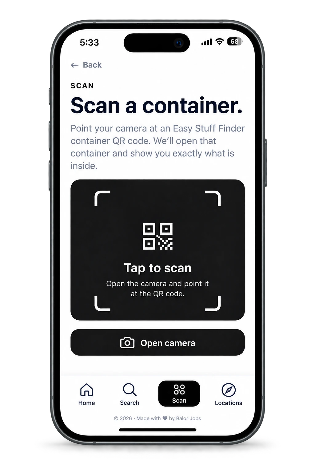 Scan an Easy Stuff Finder container QR code